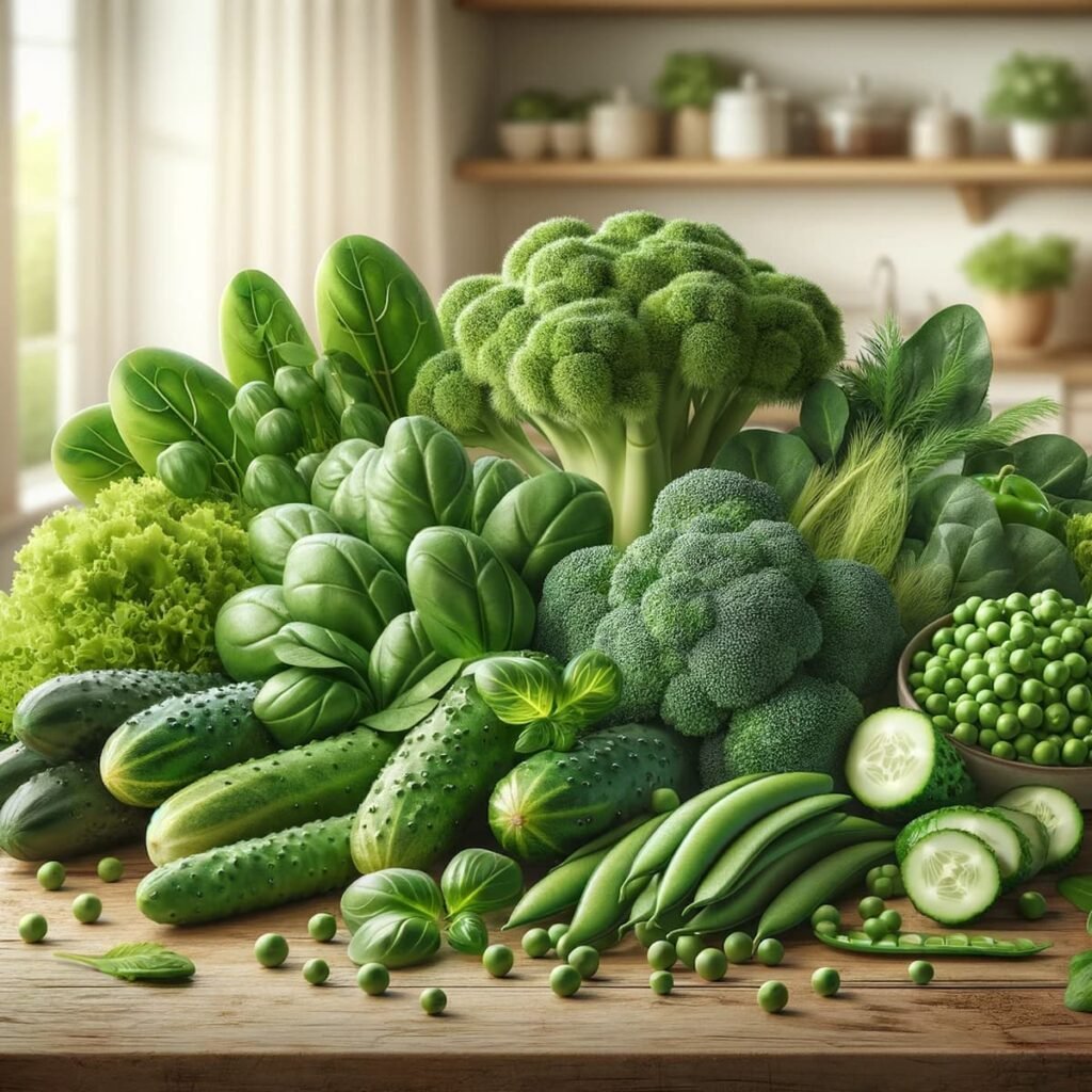 Um prato colorido e saudável com diversos alimentos verdes como couve, espinafre, brócolis e pepino.