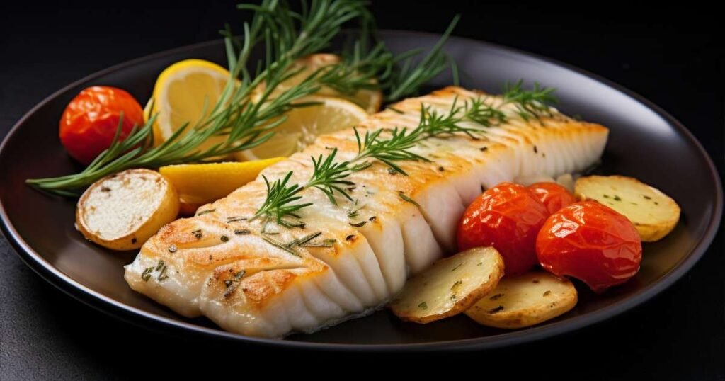 Prato de bacalhau grelhado com vegetais e ervas frescas