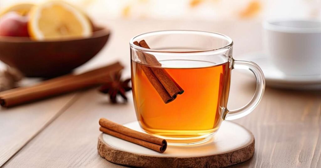 Chá de canela em xícara com pau de canela ao lado