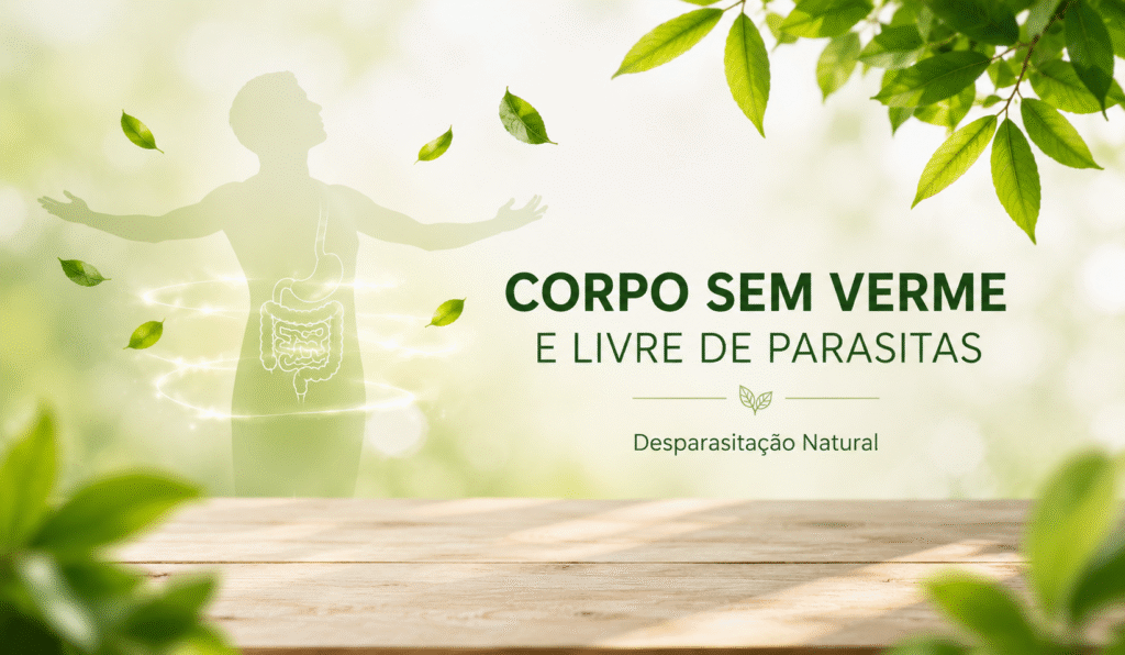 Ilustração sobre desparasitação natural representando um corpo sem vermes e livre de parasitas em um ambiente com elementos naturais.
