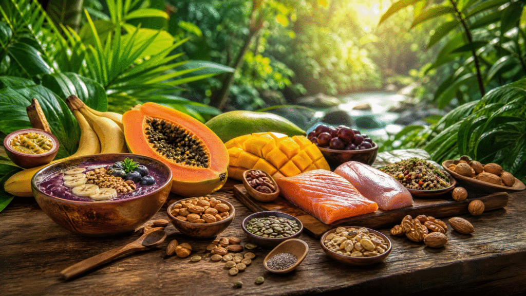 Prato saudável com alimentos naturais da dieta da selva, incluindo frutas, verduras e proteínas magras