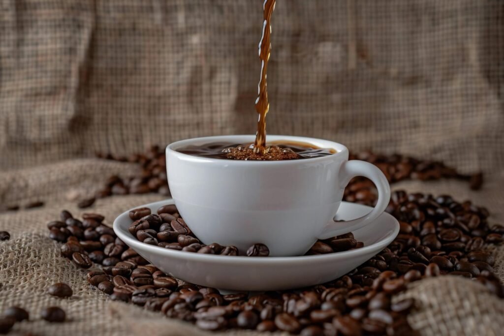 Grão de café em primeiro plano com uma xícara de café ao fundo, simbolizando os efeitos da cafeína no corpo.