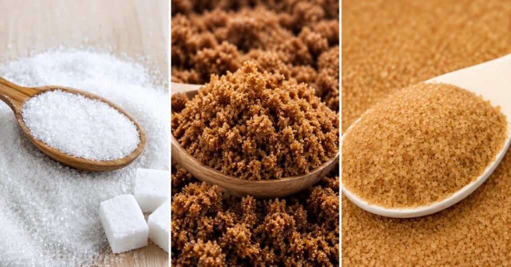 Diferentes tipos de açúcar: açúcar cristal, demerara, mascavo e mel em uma mesa