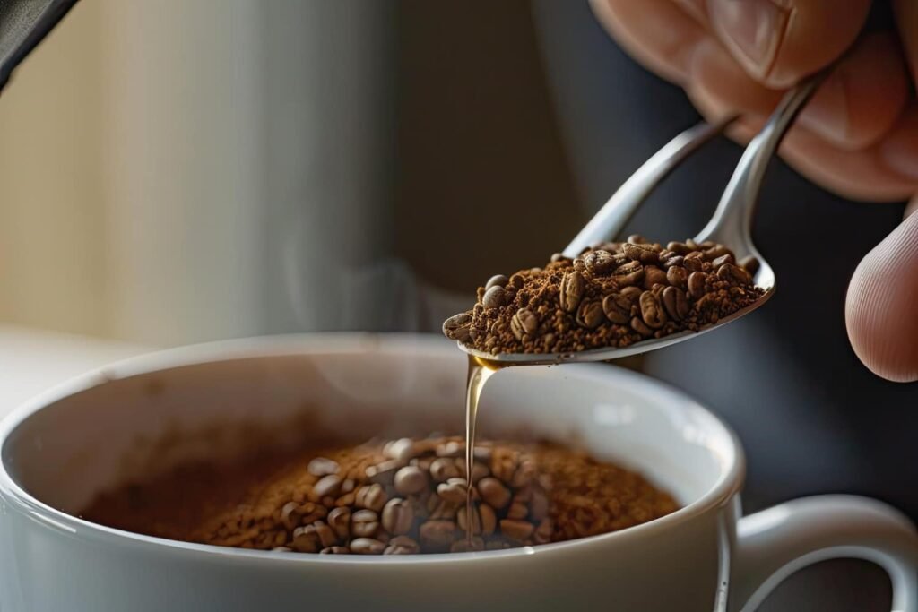 Uma xícara de café sobre uma mesa com grãos de café ao redor, simbolizando a relação entre cafeína e emagrecimento.