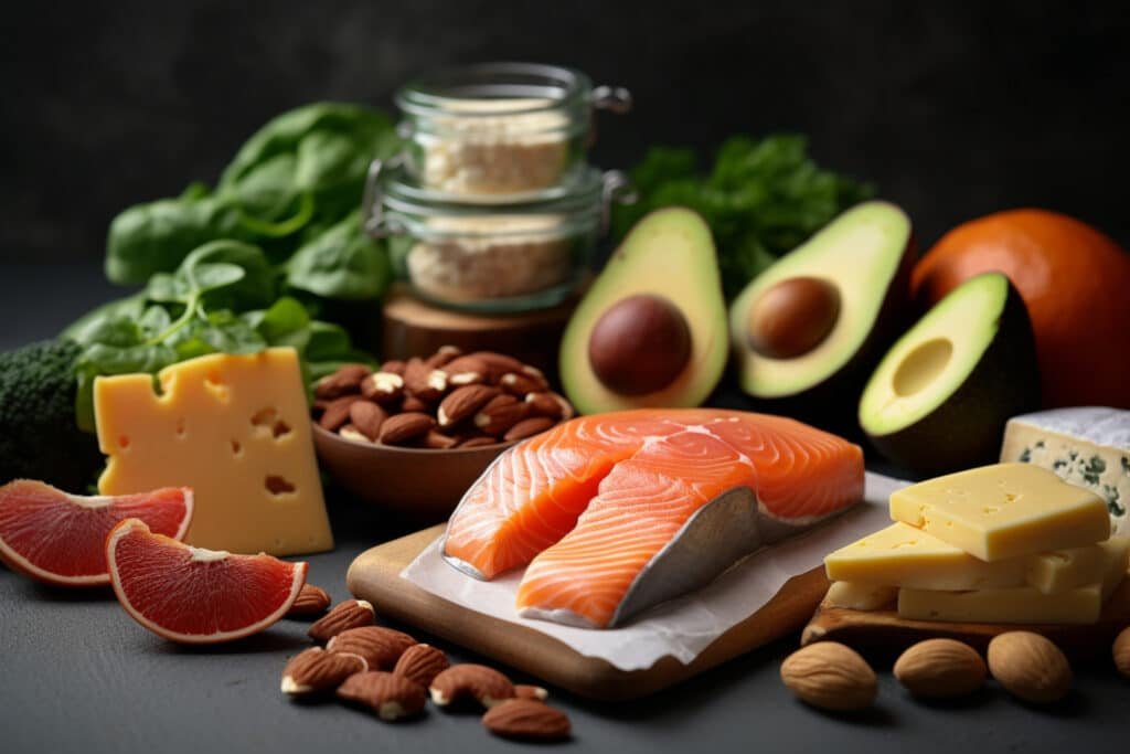 Uma variedade de alimentos ricos em zinco, incluindo carnes, peixes, sementes e nozes dispostos em uma mesa saudável.