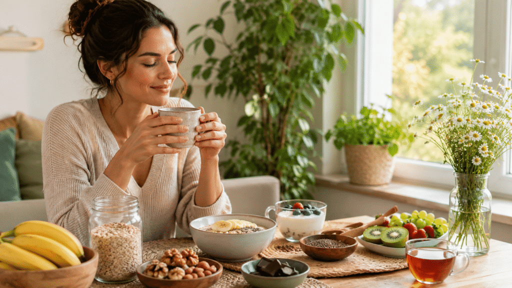 Alimentos saudáveis que ajudam a reduzir a ansiedade, como banana, aveia, castanhas e peixes.