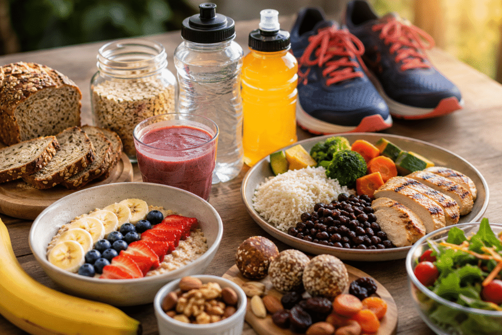 Prato colorido com alimentos saudáveis como arroz, frango, salada e frutas, simbolizando uma alimentação balanceada para corredores.