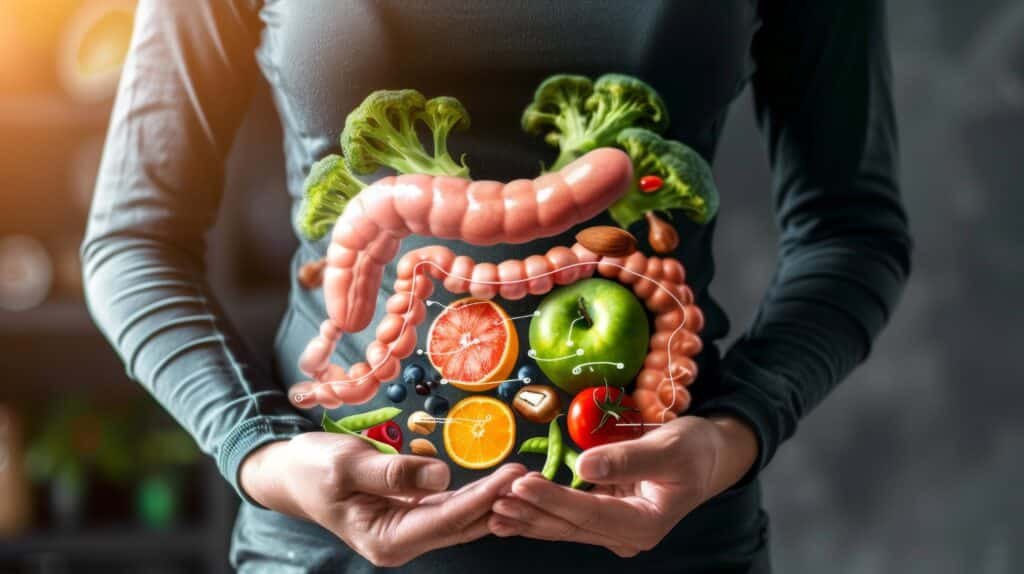 Mesa com alimentos ricos em fibra como aveia, chia, ameixas secas, frutas com casca e um copo de água
