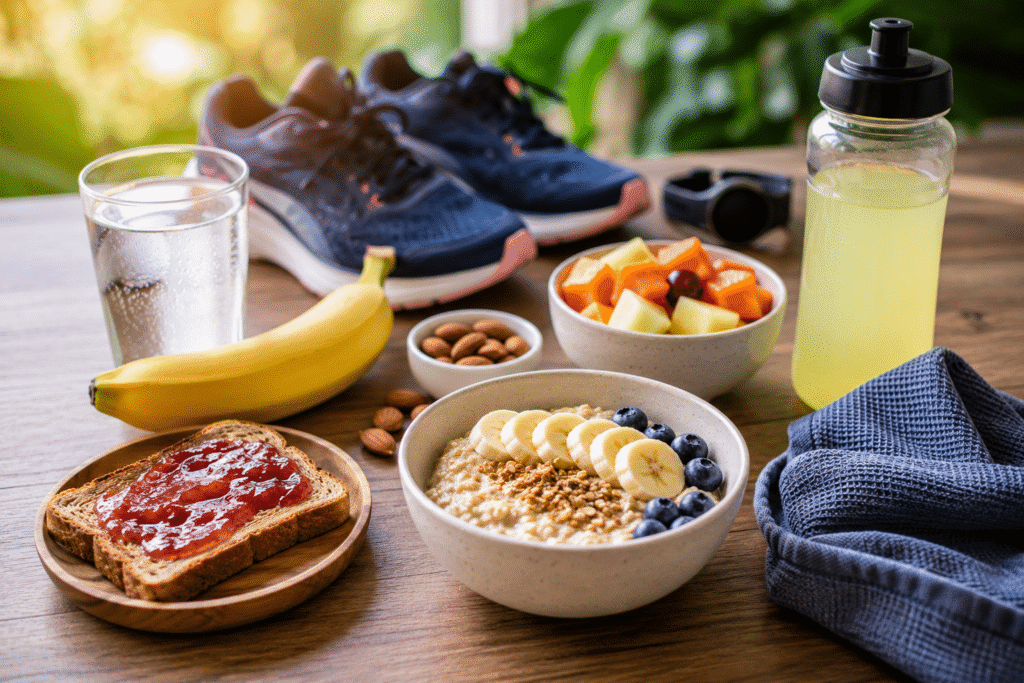 Alimentos saudáveis para consumo antes da corrida, incluindo banana, aveia, e pão com geleia.