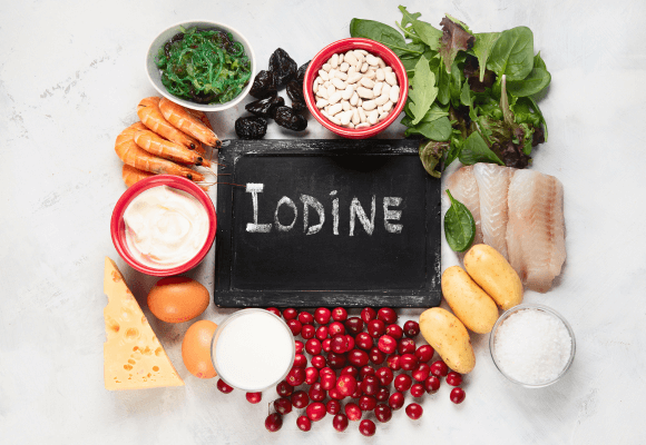 Alimentos ricos em iodo como algas marinhas, peixes e laticínios