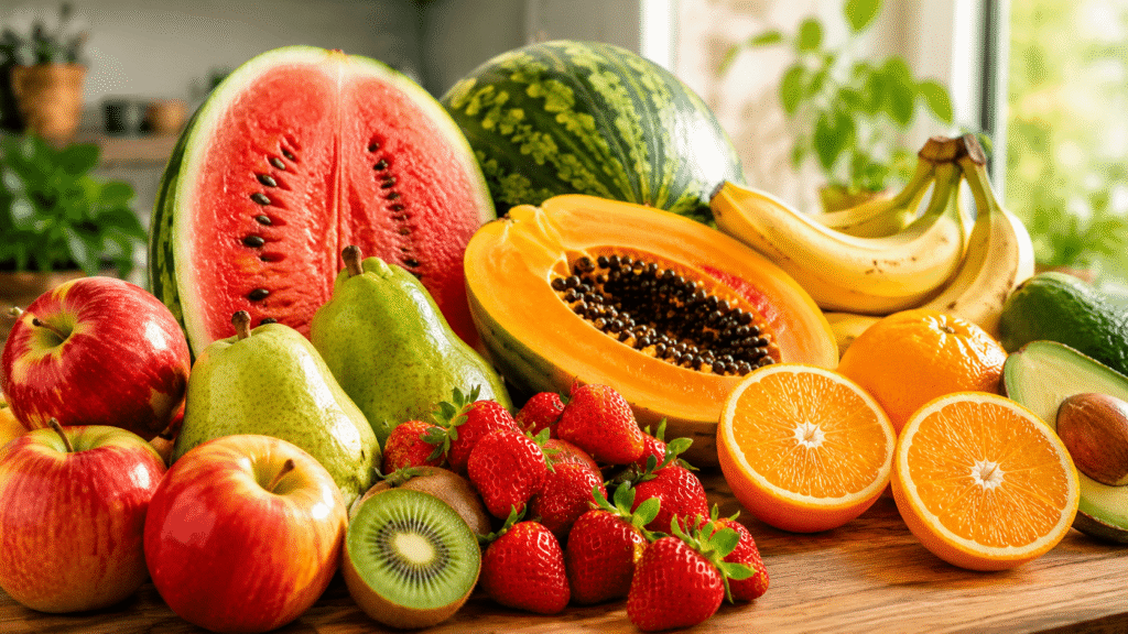 Maçãs e peras frescas em uma mesa, representando frutas saudáveis para emagrecimento